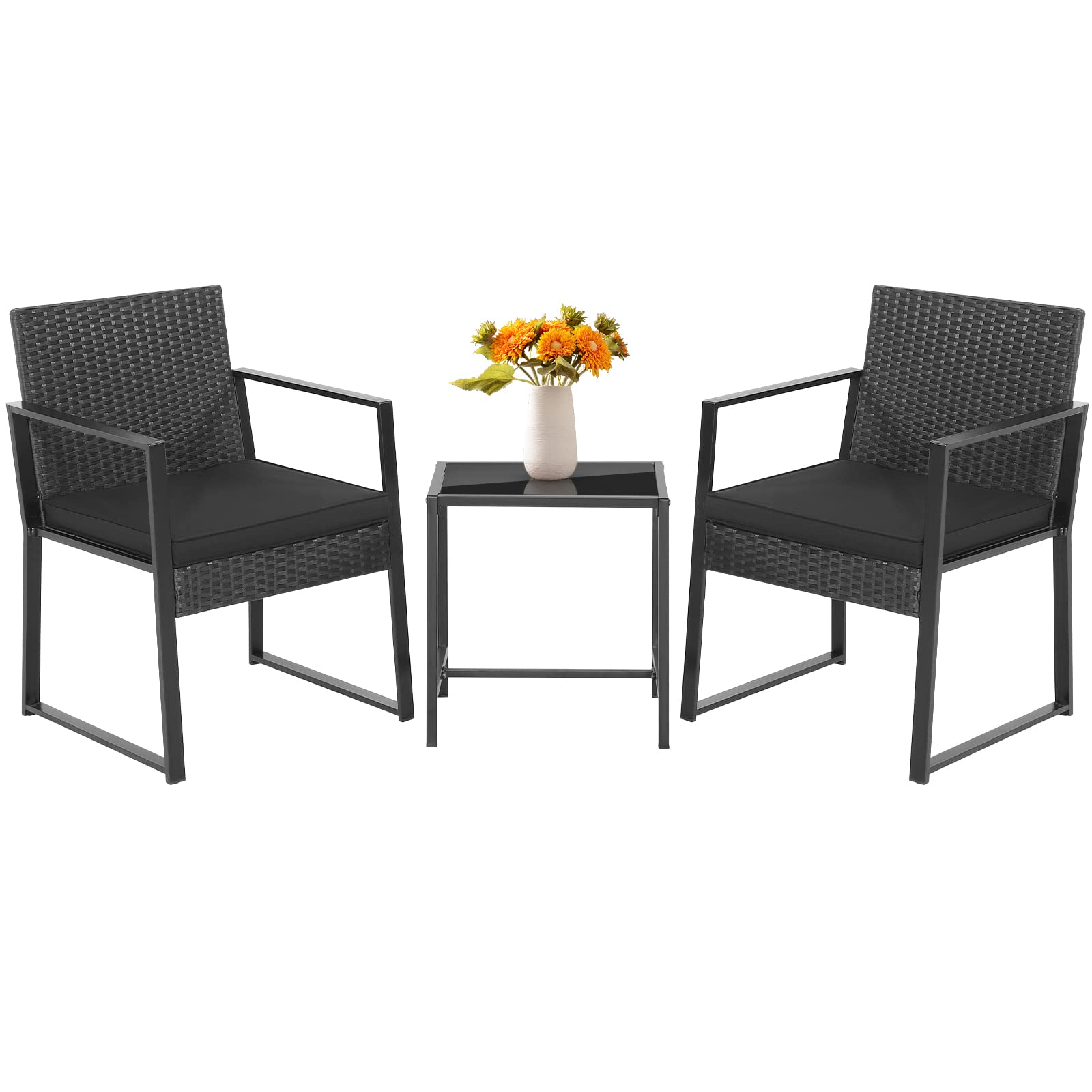 Tangkula Ensemble de 3 Meubles de Patio, Chaises en Rotin Rembourrées Tout Temps et Table Basse Modernes et Robustes